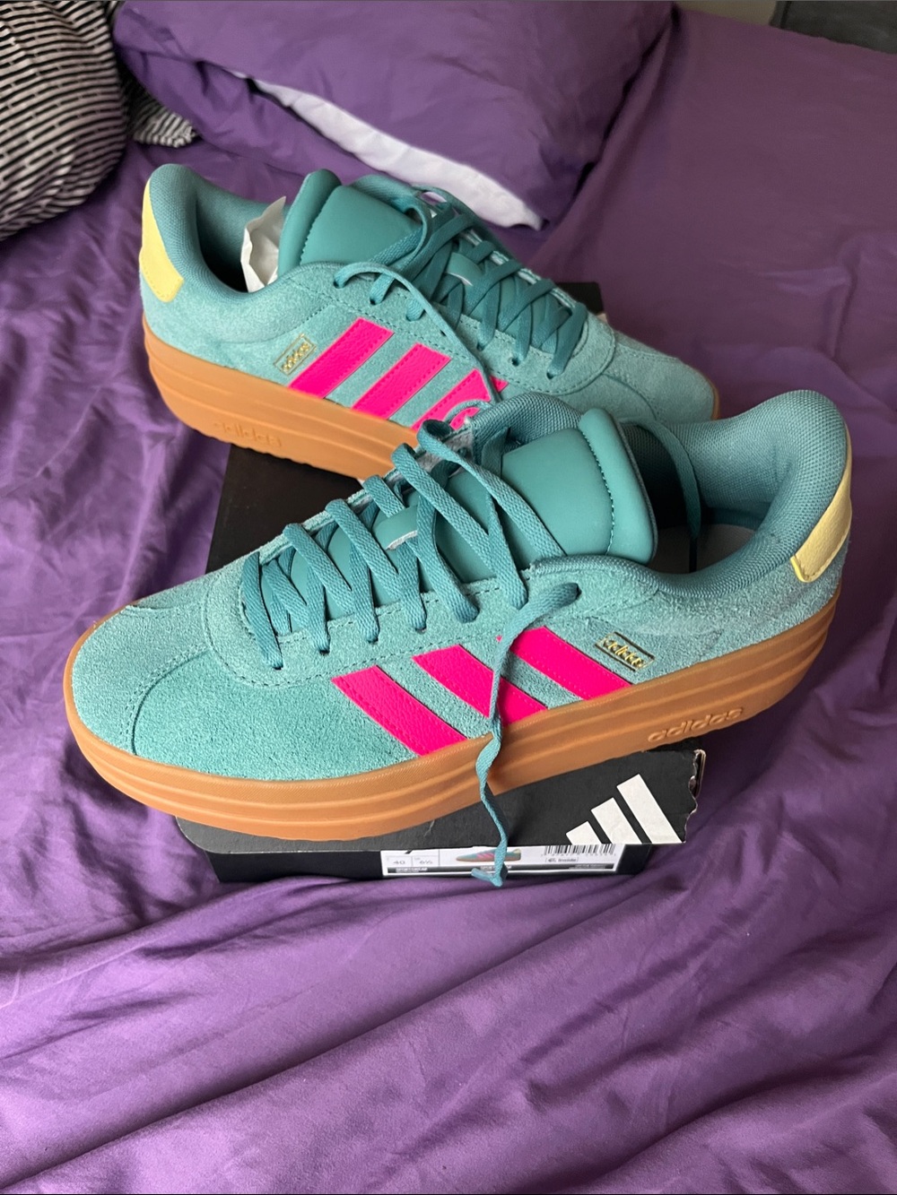 adidas VL Court Bold J Teal Suede Platform Sneakers with Pink Stripes & Gum Sole